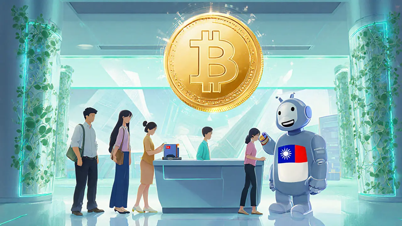Futuristic lobby where people use a glowing TWD stablecoin.