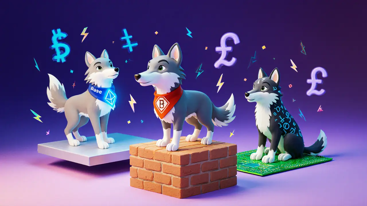 Three cartoon wolves on different platforms represent Landwolf variants with bright colors.