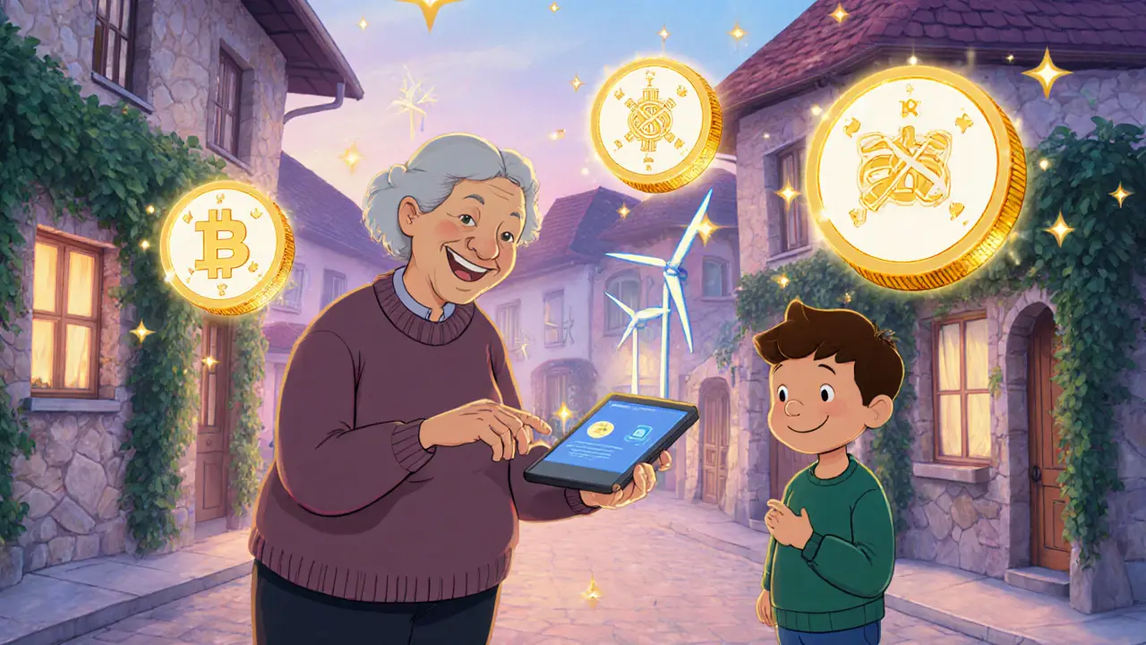 A woman buys clean energy from a boy with wind turbines using a tablet, surrounded by glowing SNC tokens.