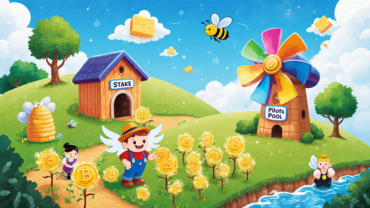 Animated farm with characters tending glowing WINGS tokens, staking in a windmill pool.