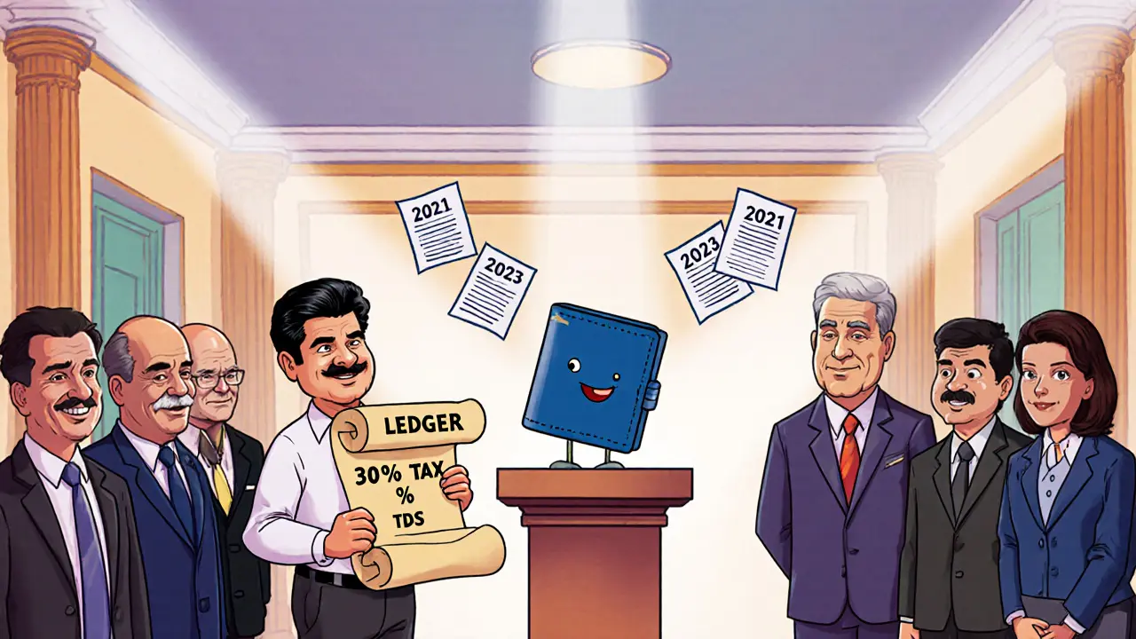 Cartoon courtroom with Indian officials, tax scrolls, and smiling Ledger wallet on a pedestal.