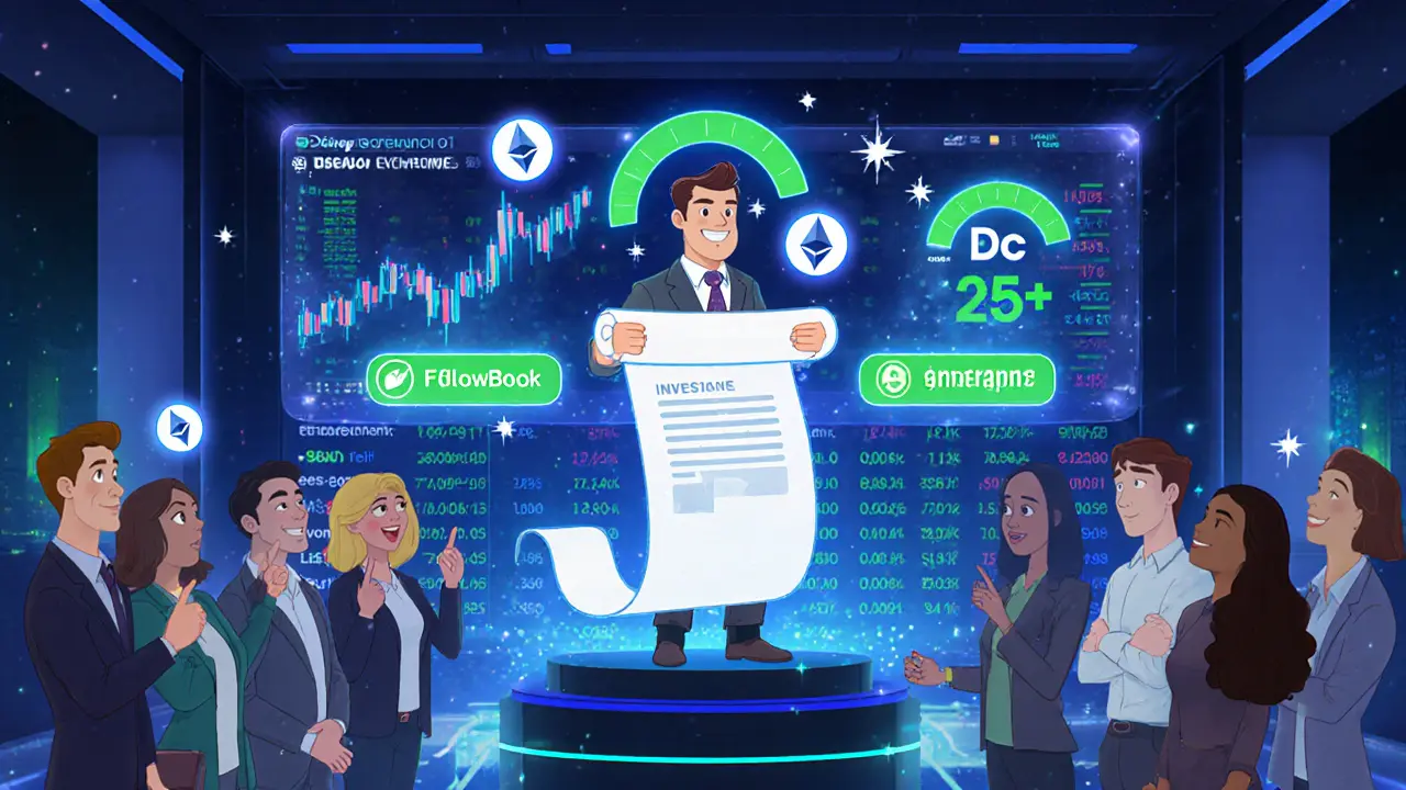 Cartoon fund manager presenting a strategy while investors watch a glowing order‑book.