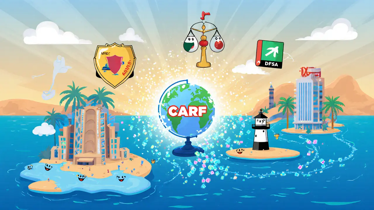Cartoon map of UAE showing smiling emirates and animated data flow toward a central CARF hub.