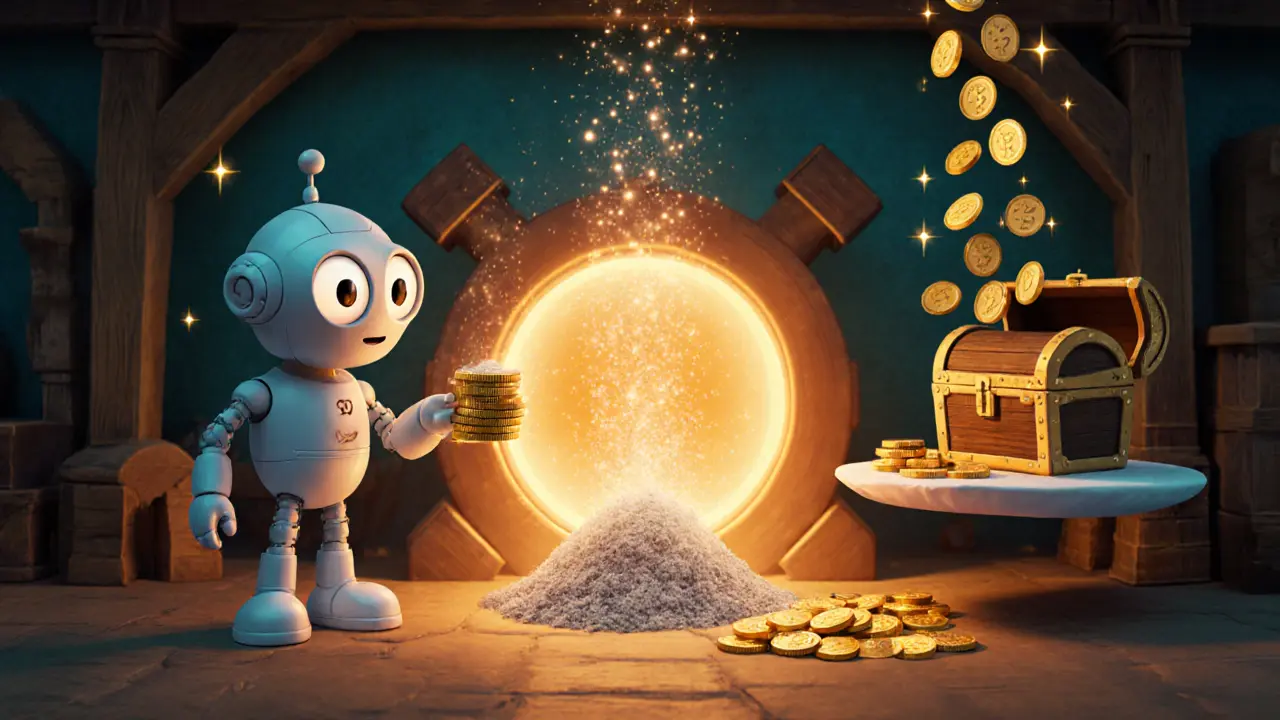 Cartoon robot watches 5PT tokens burn in a magical furnace, rewards spilling from a chest.