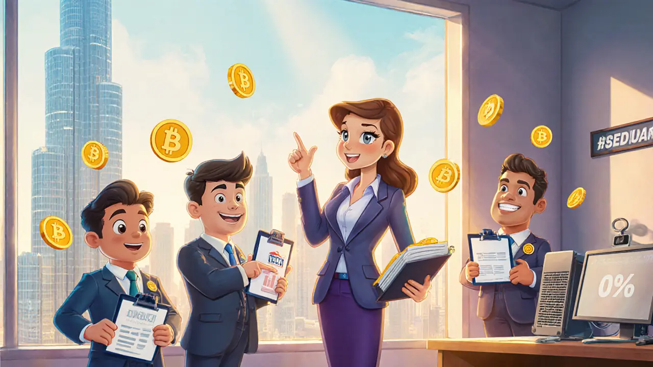Confident businesswoman in a free‑zone office pointing at friendly regulator characters with crypto icons.