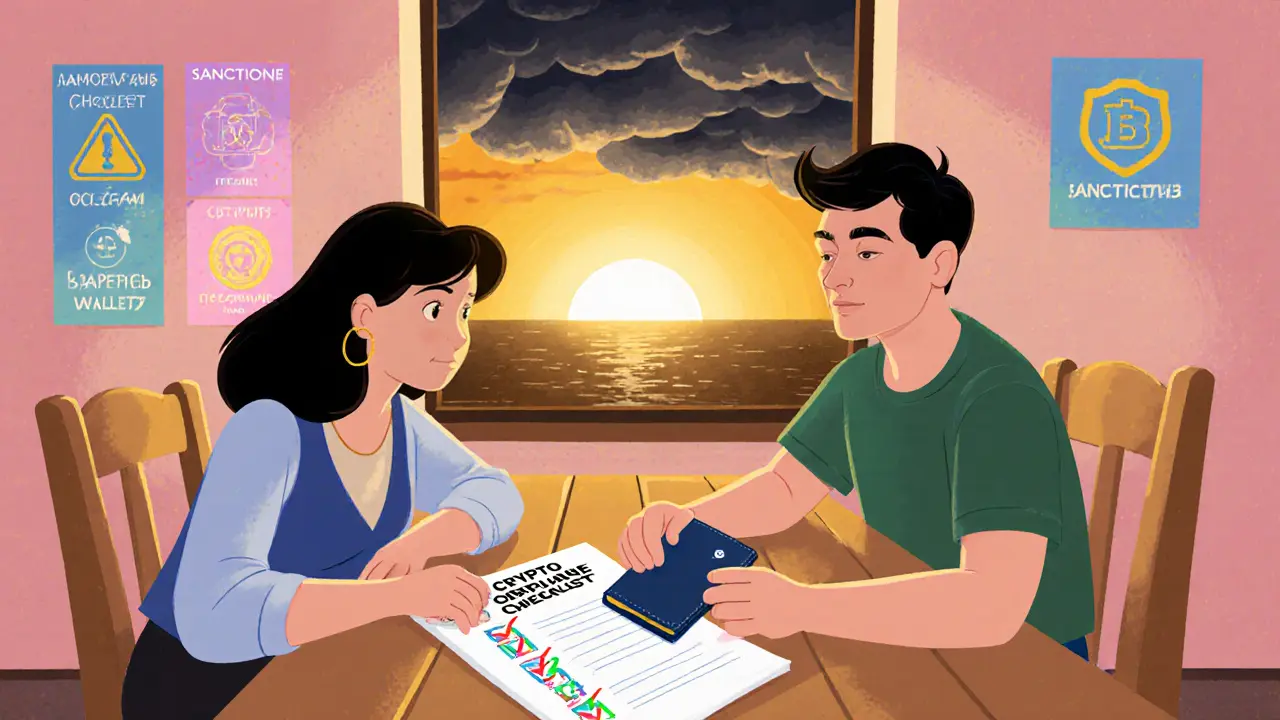 Disney cartoon showing a family using a hardware wallet beside a compliance checklist.