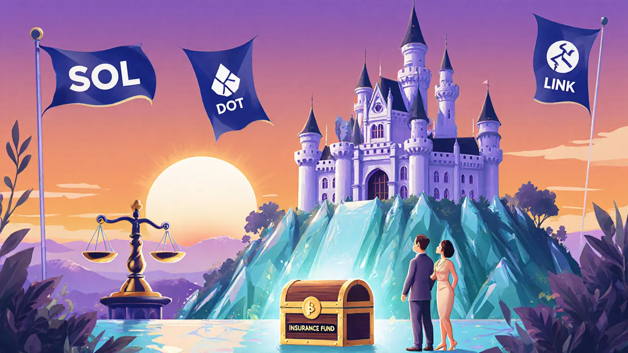 Disney castle headquarters with asset banners, insurance chest, and regulatory scales.