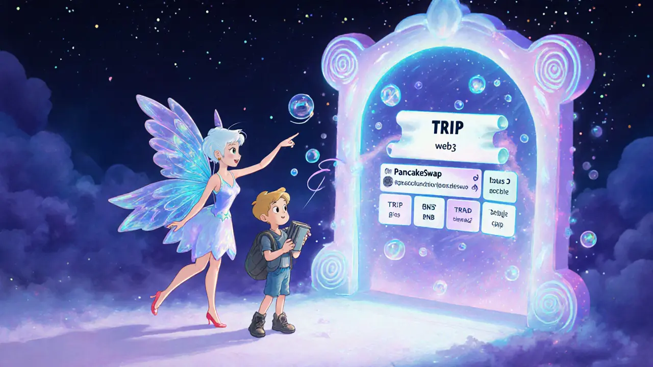 Disney‑style fairy showing a user the PancakeSwap portal with BNB gas bubbles.