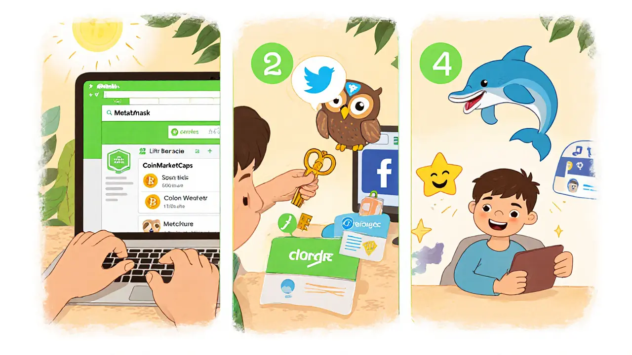 Disney‑style hero sets up a wallet, links CoinMarketCap, and completes social tasks.