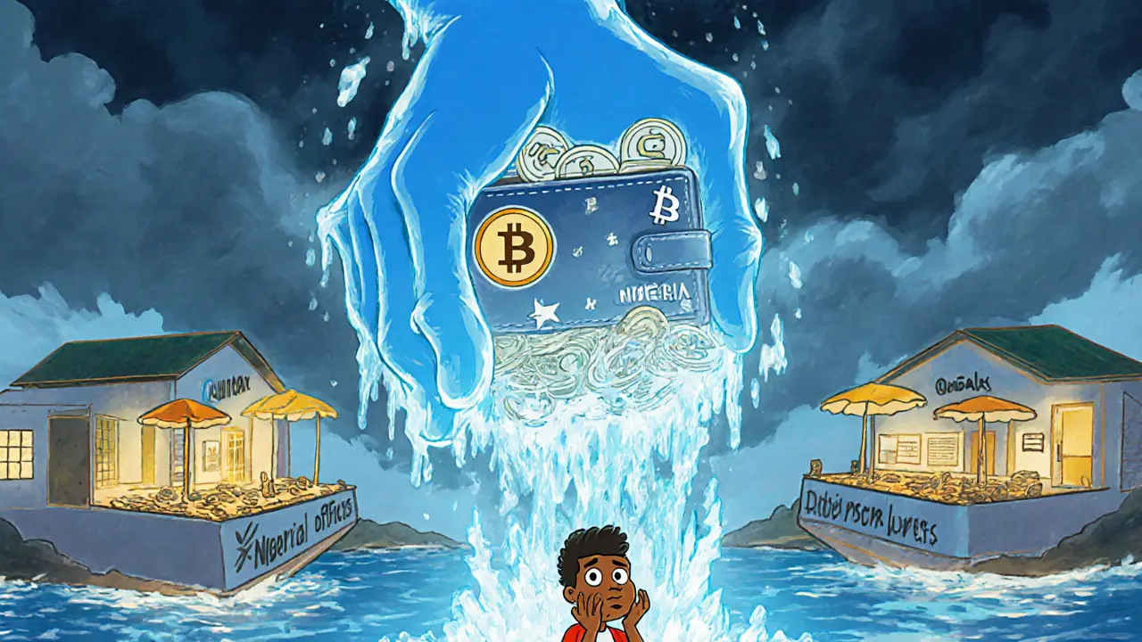 Disney‑style scene of EFCC freezing crypto assets, with a worried user watching.