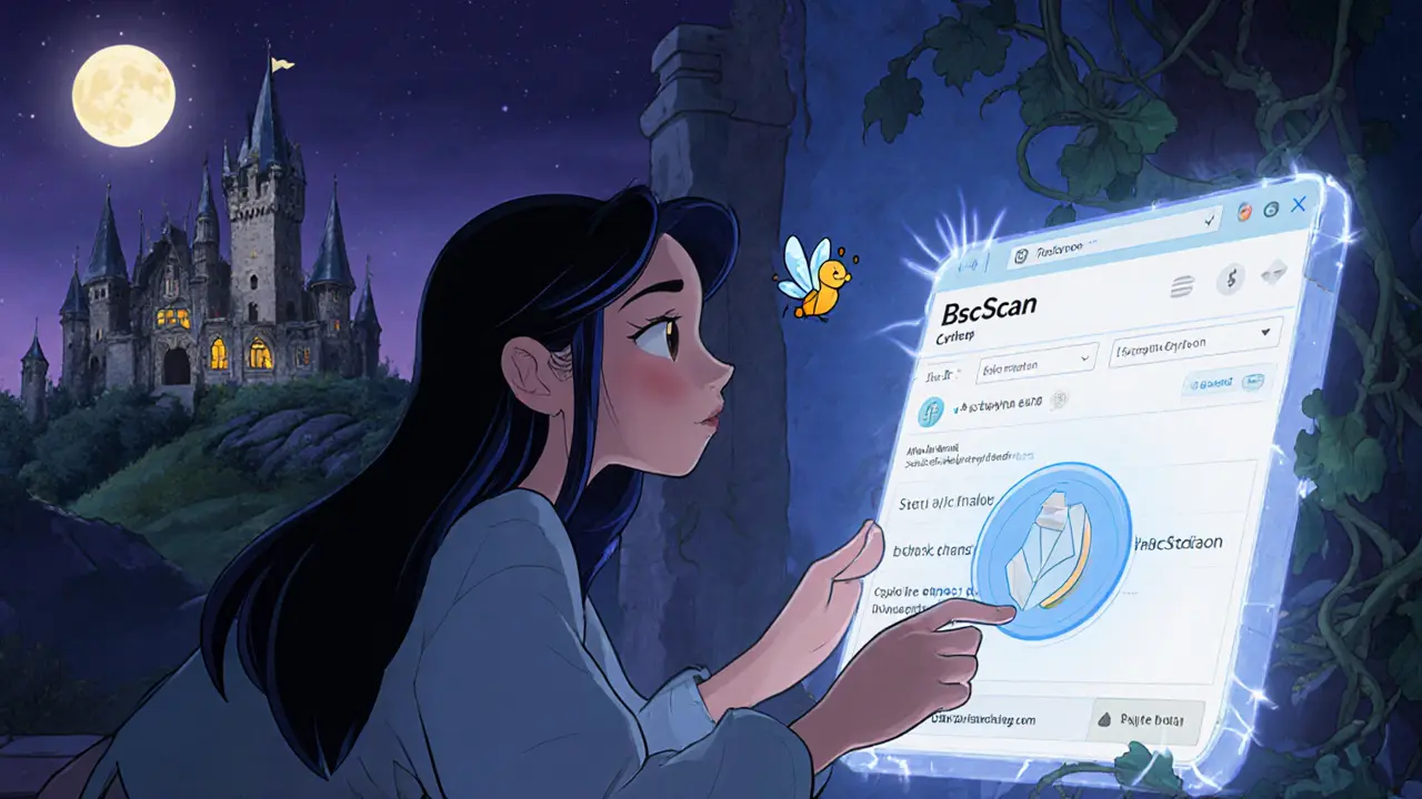 Disney‑style user checks BscScan for a faded Lunar Crystal NFT in a moonlit setting.