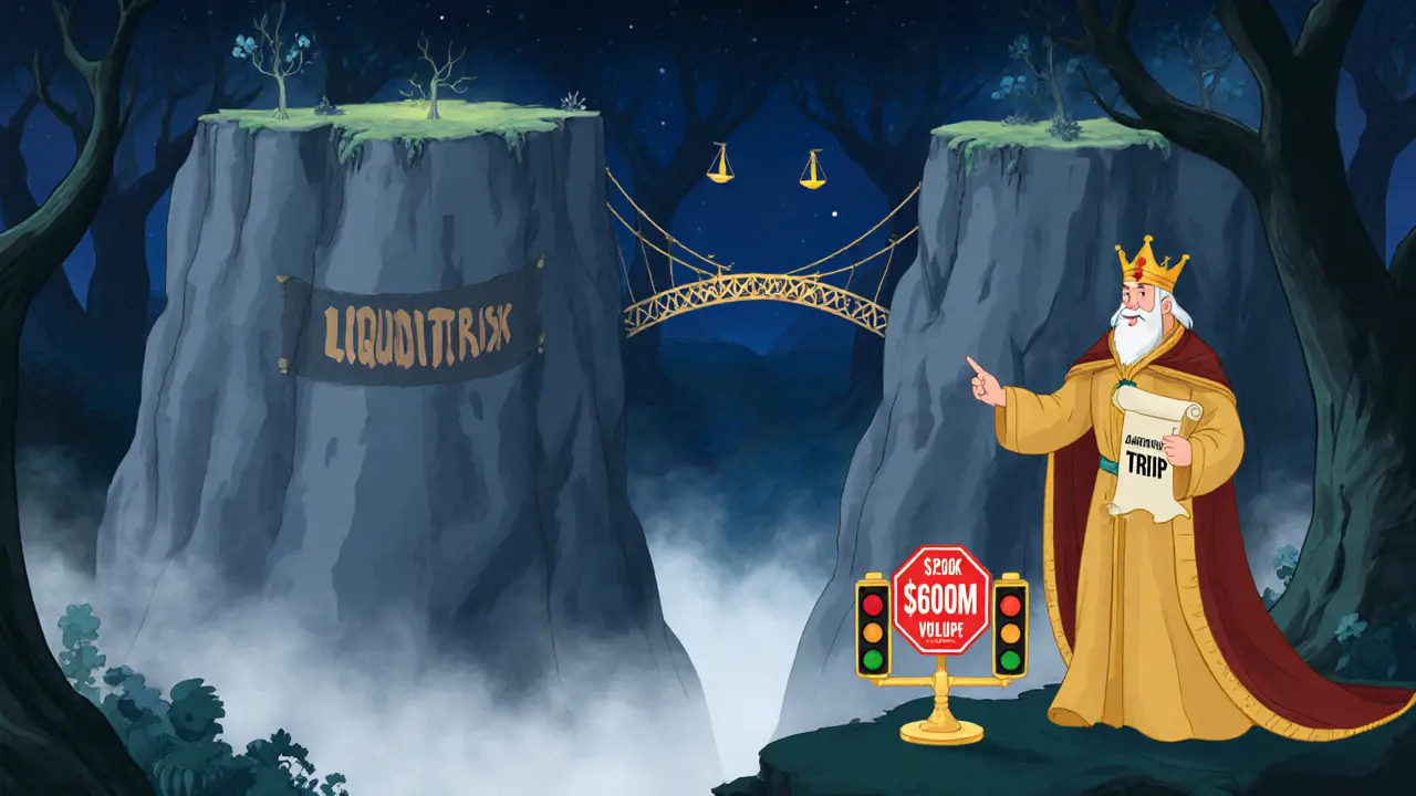 Disney‑style warning scene with a cliff of liquidity risk and a regulator figure.
