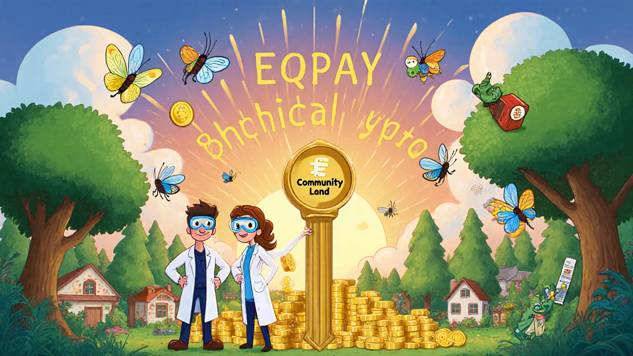 Engineers unlocking a portal to a village where EQPAY tokens become houses and gold, with dragonflies flying around.