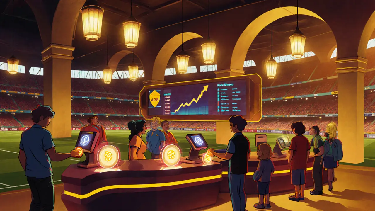 Fans using ASR tokens to buy jerseys and tickets at a stadium shop.
