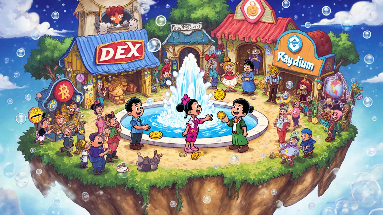 Fantasy DEX marketplace with Raydium fountain, traders losing scarce MACHO coins.