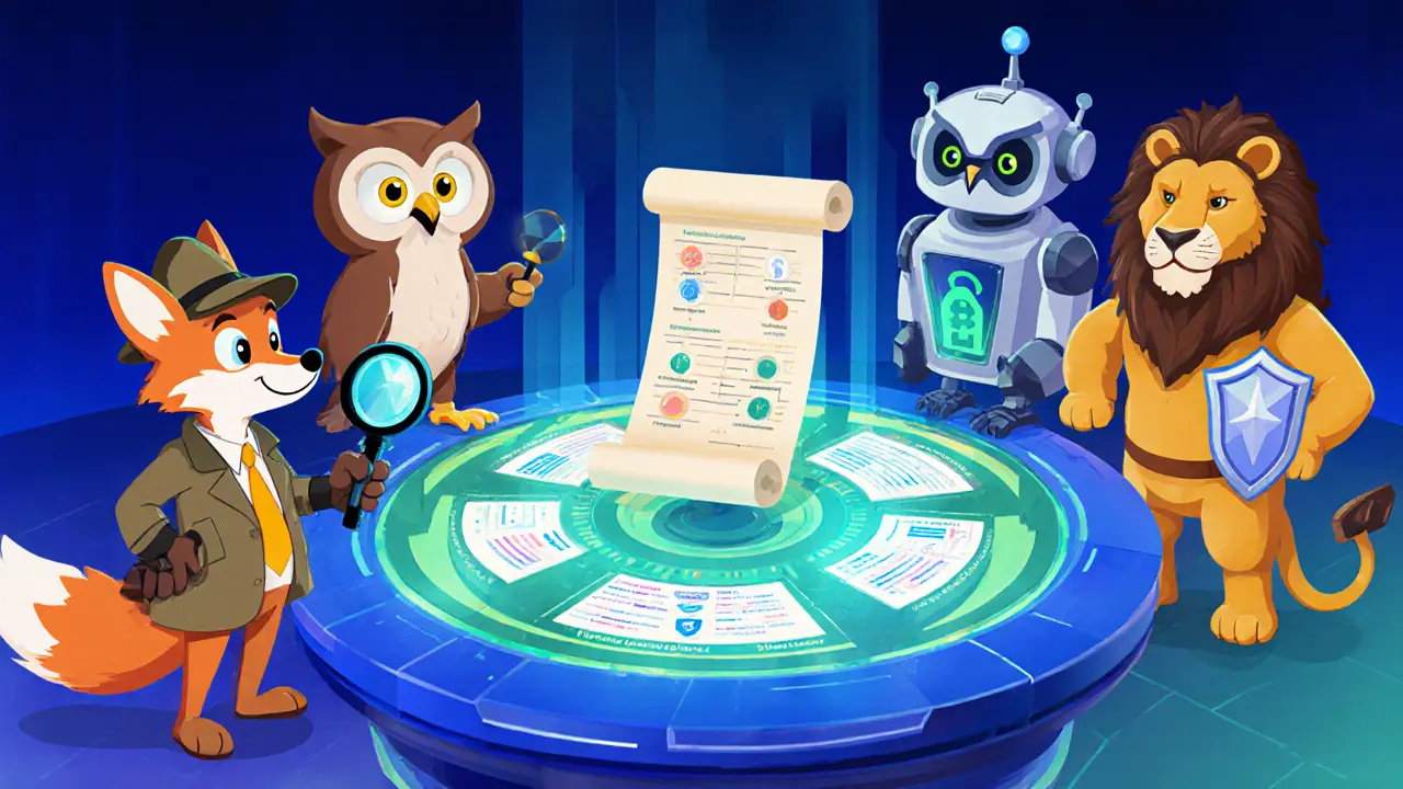 Four mascot characters representing Elliptic, Scorechain, TRM Labs, and Cipher Trace gather around a data console.