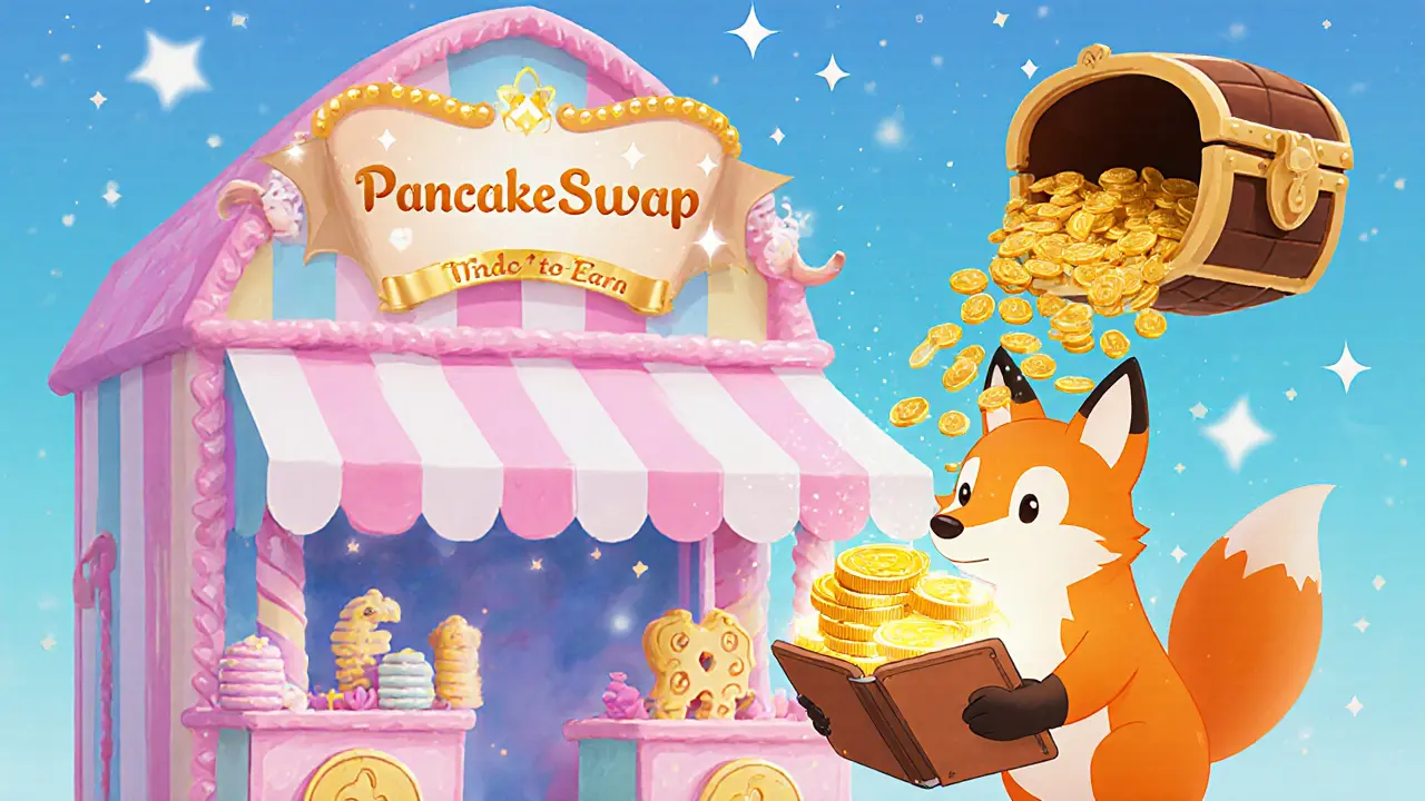 Fox connects a glowing wallet to a PancakeSwap candy stall, receiving reward coins.
