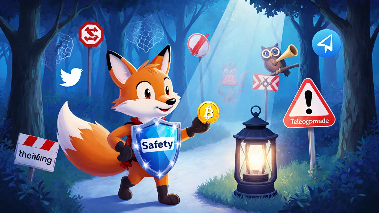 Fox with a safety shield navigates a forest of red‑flag symbols, guided by official icons.