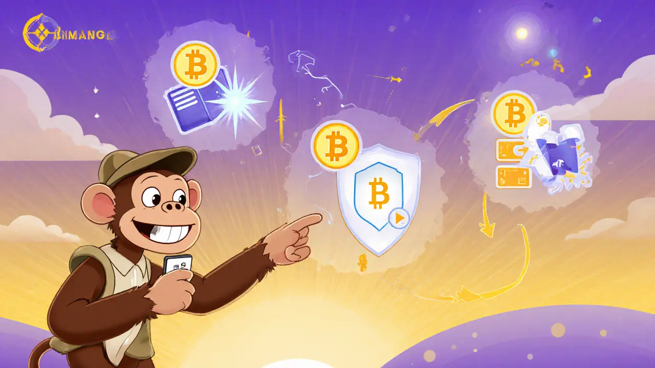 Friendly ape guide showing wallet, swap, and security icons in a cartoon map style.