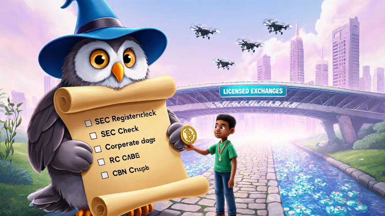 Friendly owl guide gives verification checklist as user walks toward safe licensed exchange bridge.