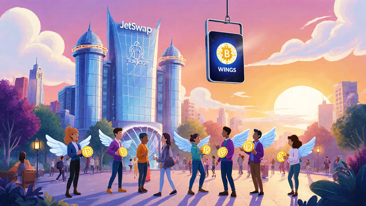 Future city with winged JetSwap castle, people holding WINGS tokens, and a glowing app icon.