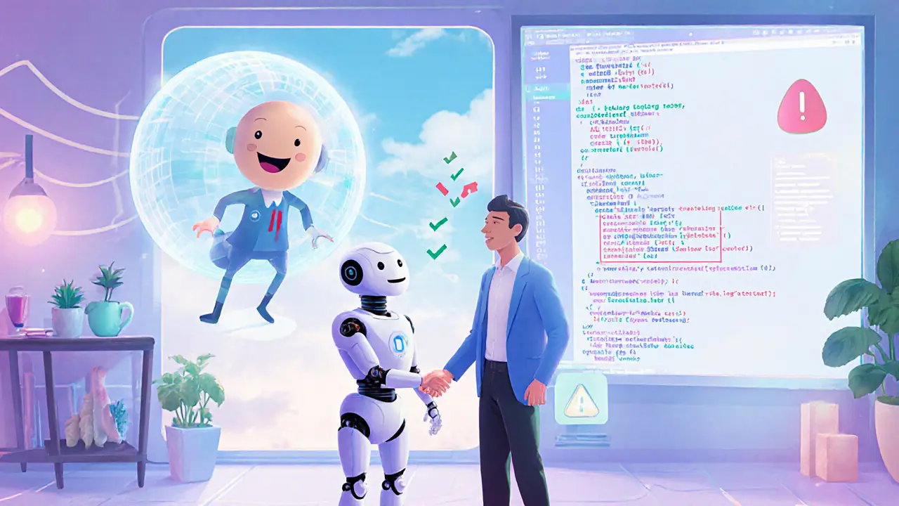 Futuristic lab with AI assistant, crypto founder, and compliance robot sharing glowing risk scores.