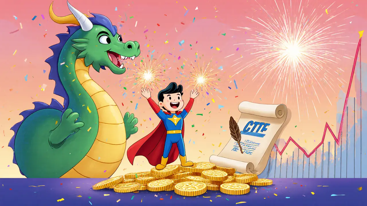 Hero celebrates claimed CTT tokens surrounded by staking dragon, voting scroll, and rising chart fireworks.
