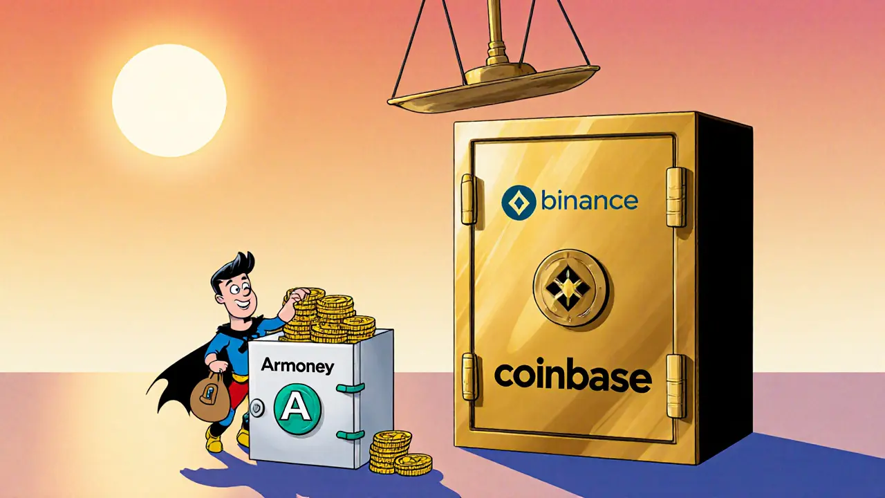 Hero moves coins from a small Armoney vault to a large Binance/Coinbase safe, highlighting safety.