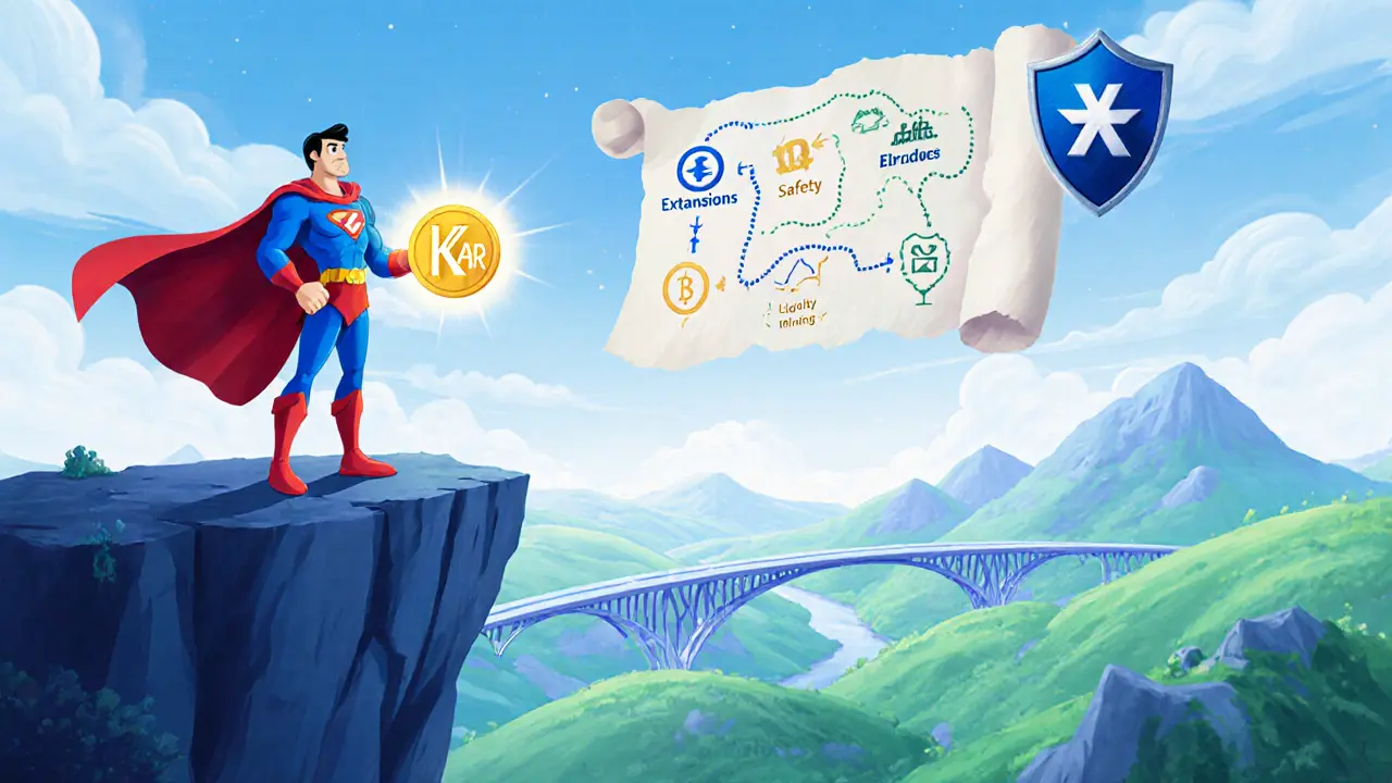 Heroic trader on a cliff holding a KAR token, roadmap scroll, and safety shield under a futuristic sky.