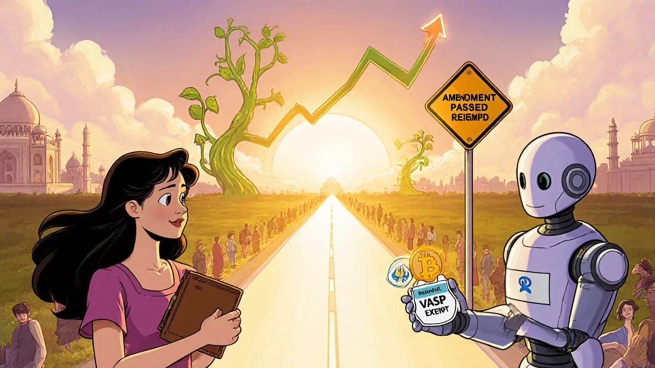 Hopeful future scene with heroine, hardware wallet, tax robot giving exemption badge, sunrise.