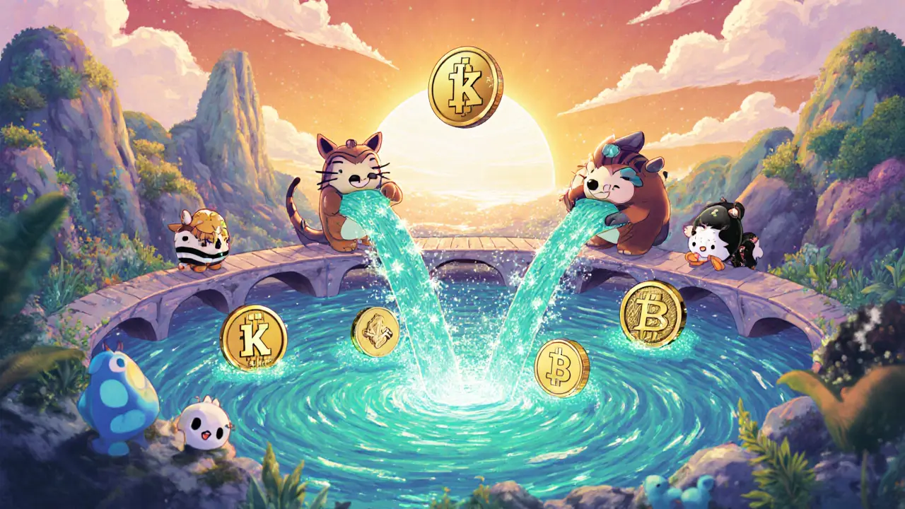 Magical pool with sparkling tokens, bridges to multiple chains, and a golden kUSD coin hovering above.