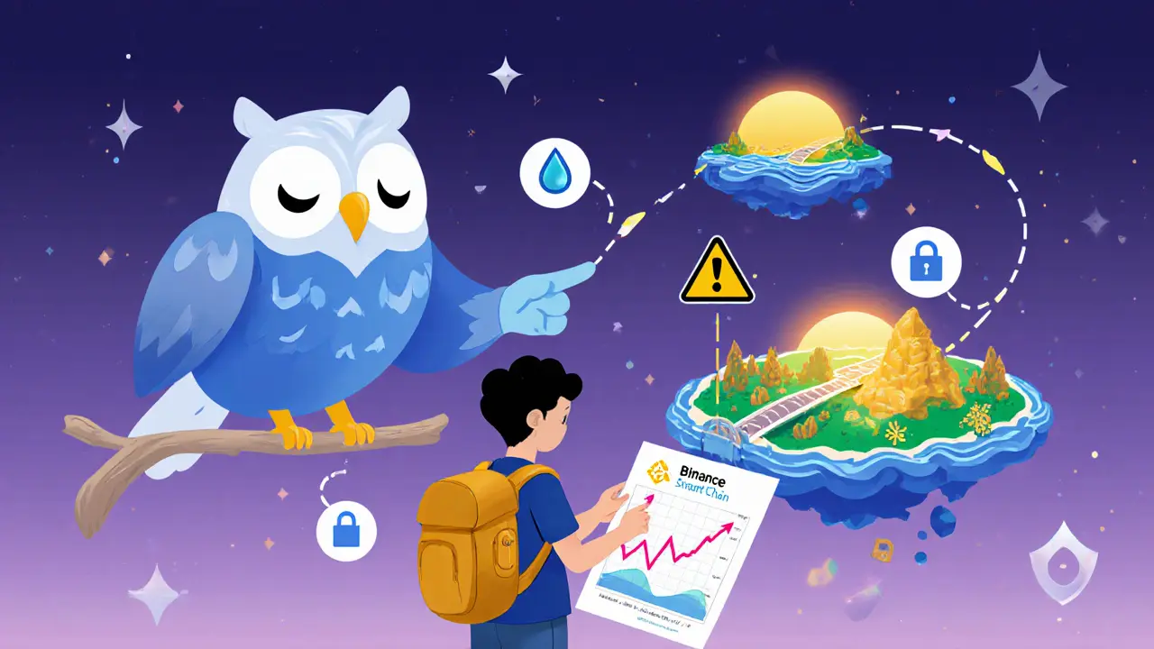 Owl advisor pointing to an upward price chart while a user views a map of migration from Solana to BNB islands.