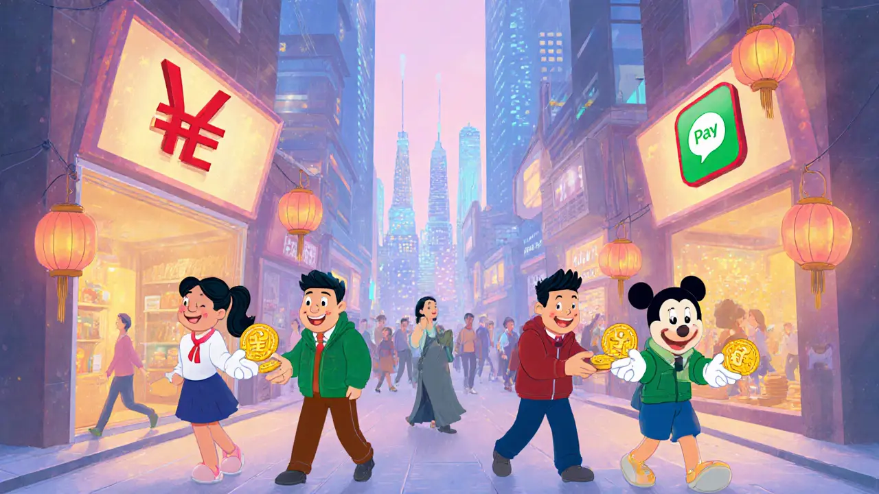 People happily use digital yuan, Alipay, and WeChat Pay on a bright street.