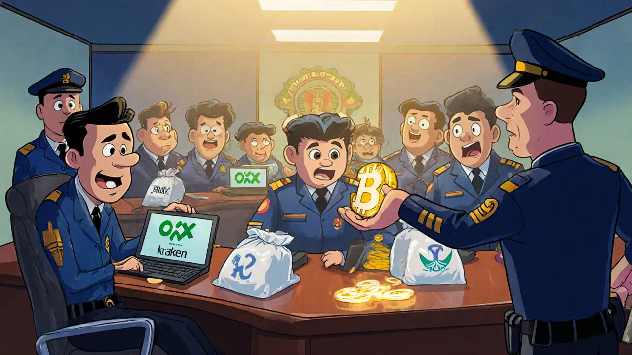 Police officers seize crypto exchange devices during a surprise raid.