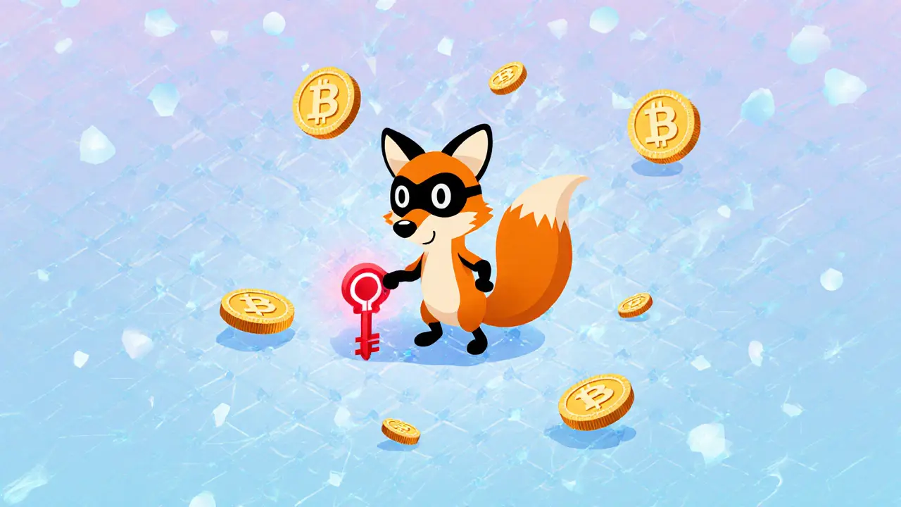 Polygon blockchain lattice with a mischievous fox holding a glowing red mint key among floating DDM coins.