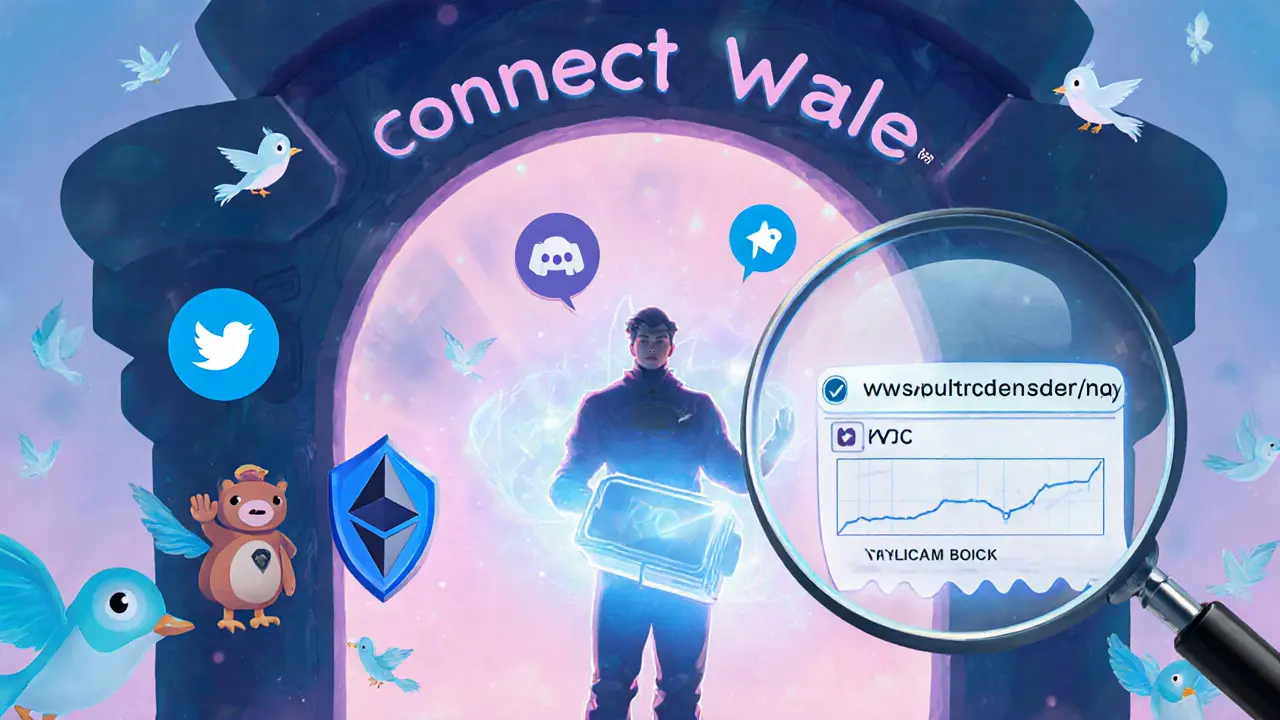 Protagonist connects an Ethereum wallet while social icons and safety symbols hover nearby.