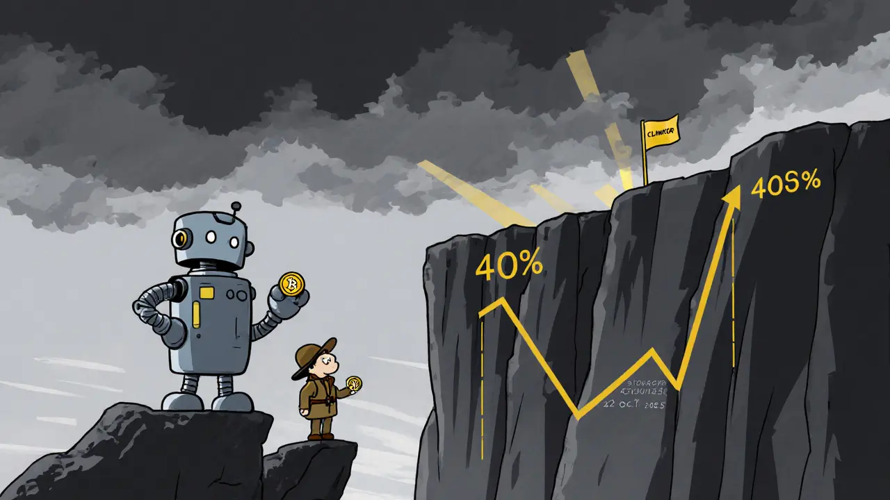 Robot on a cliff overlooking a steep graph drop with a token unlock flag and stormy sky.