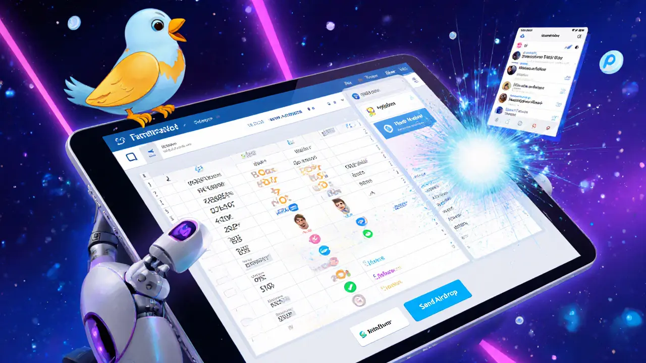 Robot with Farcaster bird verifies addresses and shares an airdrop on a tablet dashboard.