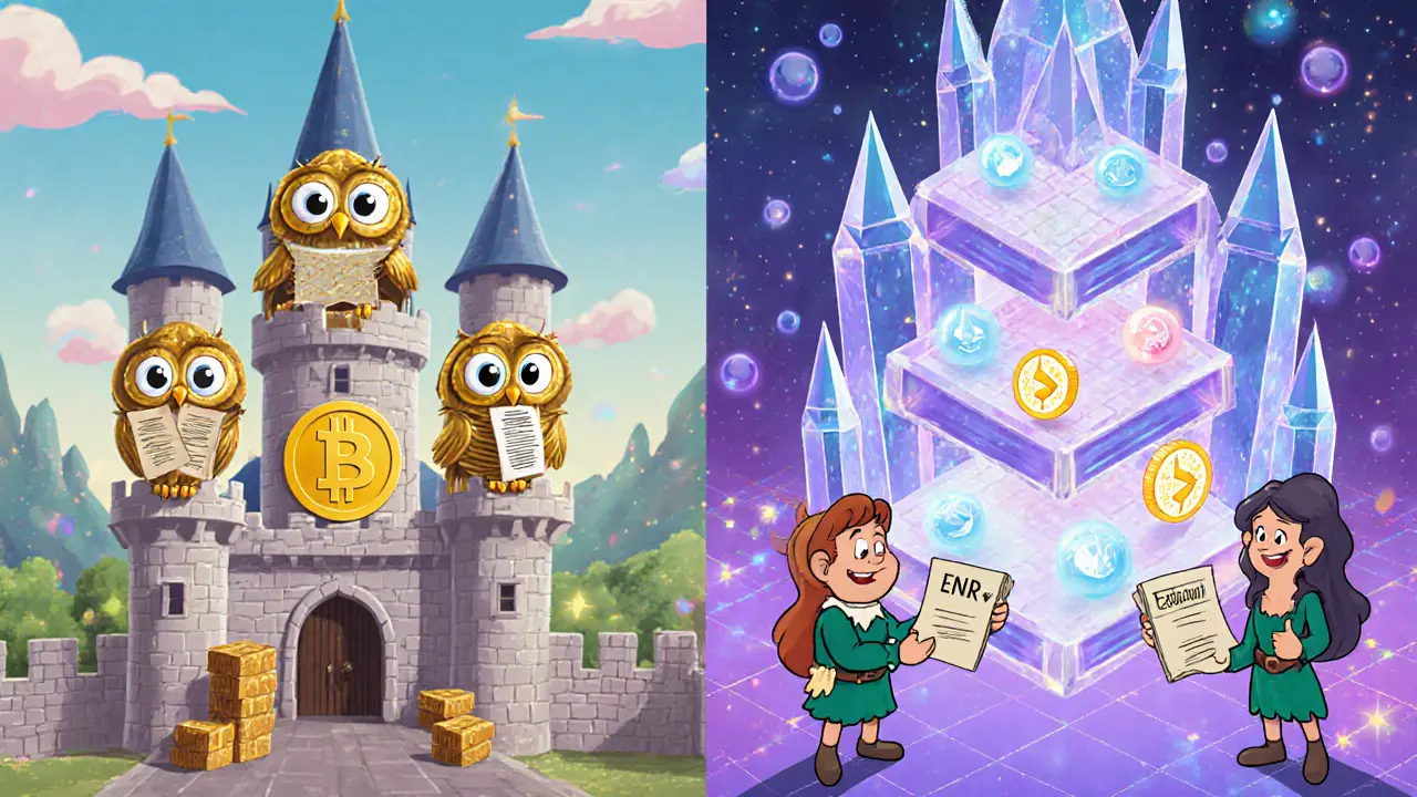 Side‑by‑side Disney scene shows Bitcoin's DNS seeds and Ethereum's discv5 ENR exchange.