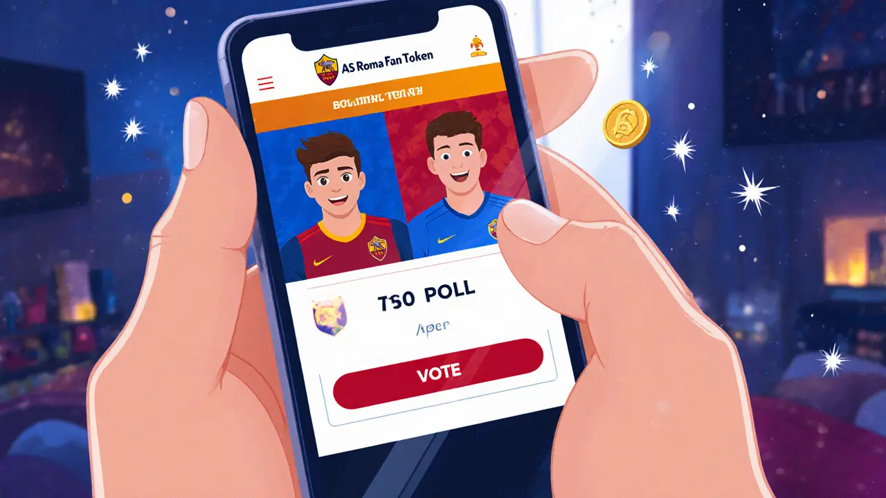 Smartphone showing AS Roma fan token app poll with voting button and rewards.