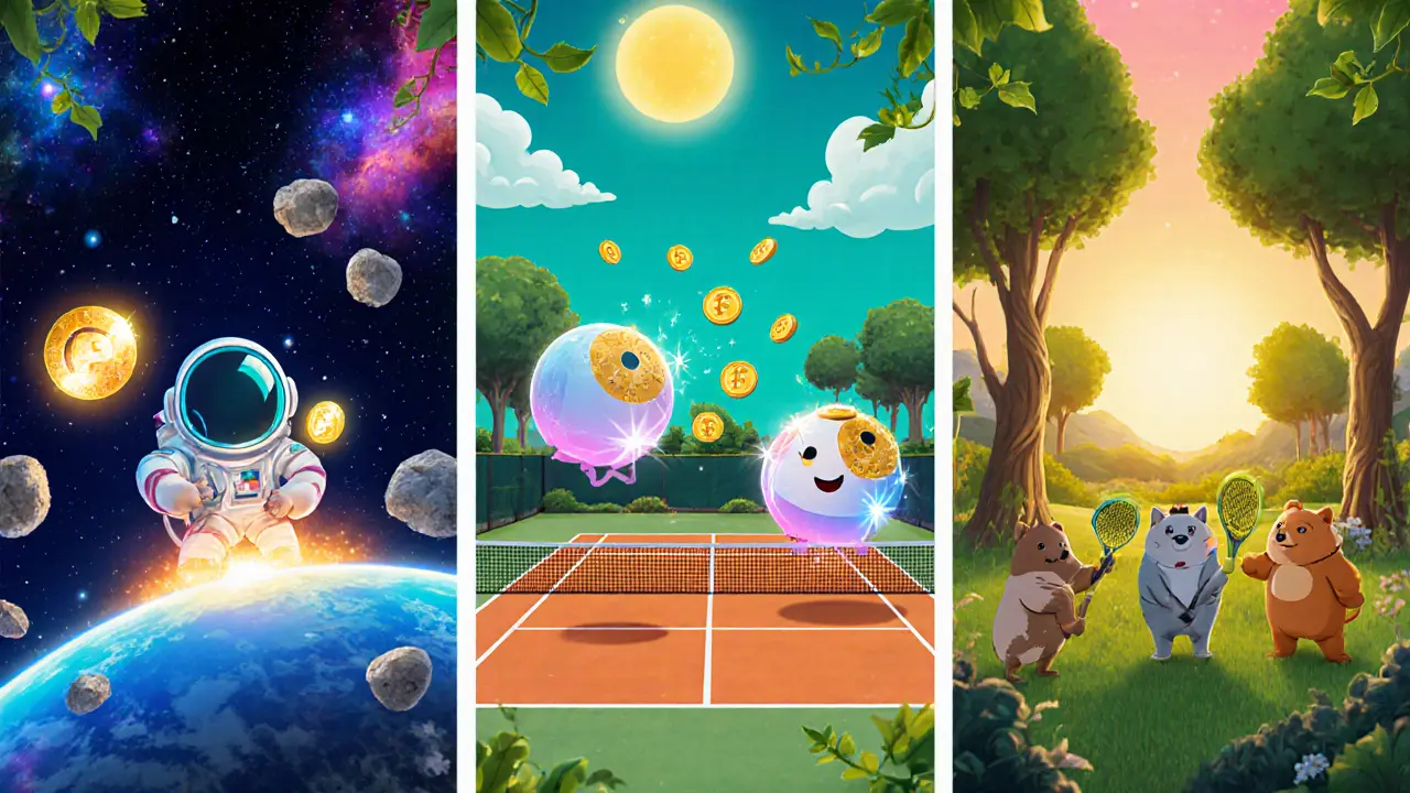 Three Disney‑style panels showing space mining, tennis matches, and a forest planting trees, each linked to FONE tokens.
