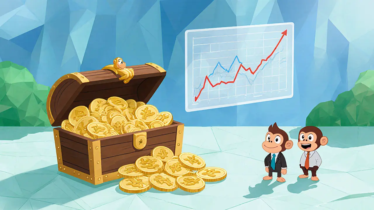 Treasure chest of banana‑leaf tokens with tiny ape traders and floating market chart.