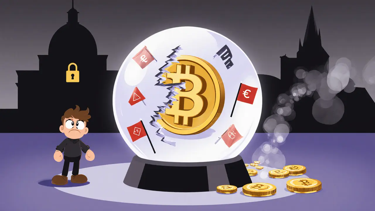 Wary investor looking at a crystal ball with a DDM token, red warning flags, and shadowy regulator building.