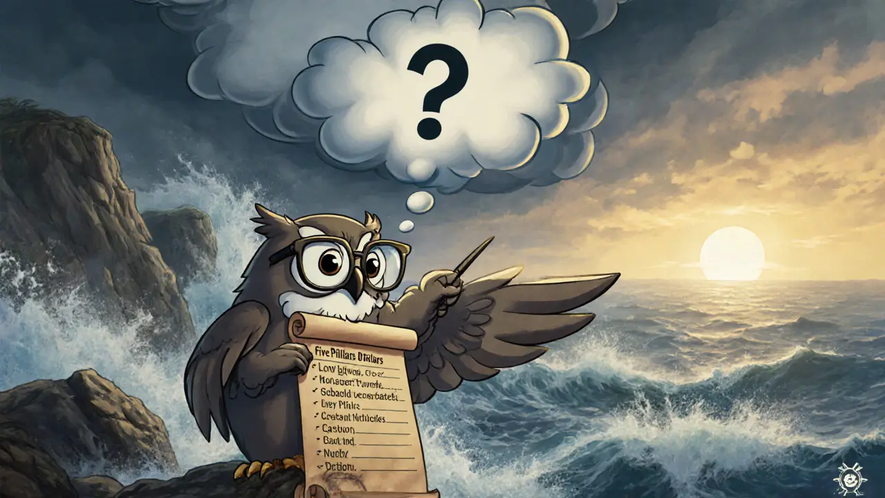 Wise owl on a ledger points to a stormy question mark, with sunrise beyond turbulent sea.