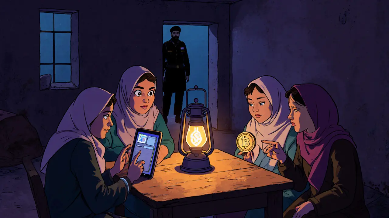 Women learning to use crypto wallets in a secret workshop under Taliban surveillance.