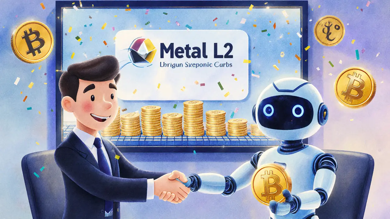 A banker shaking hands with a robot holding an MTL token, with Layer 2 technology and compliance badges in the background.