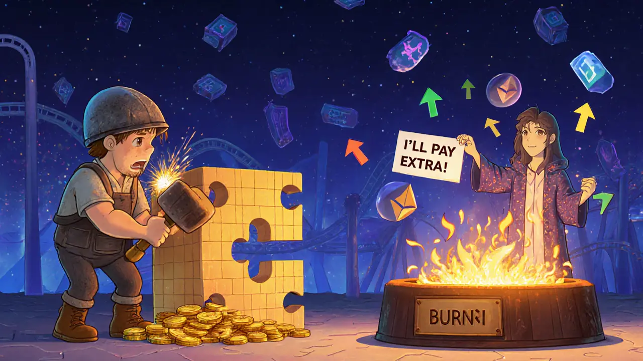 A blockchain marketplace with miners and validators, transaction fees rising and vanishing into a fire pit under a starry sky.