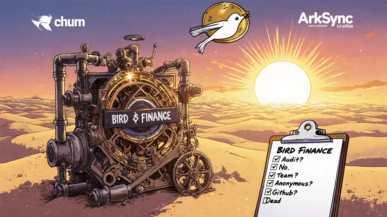 A broken clockwork machine labeled BIRD FINANCE, half-buried in sand, while other DeFi projects shine in the distance.