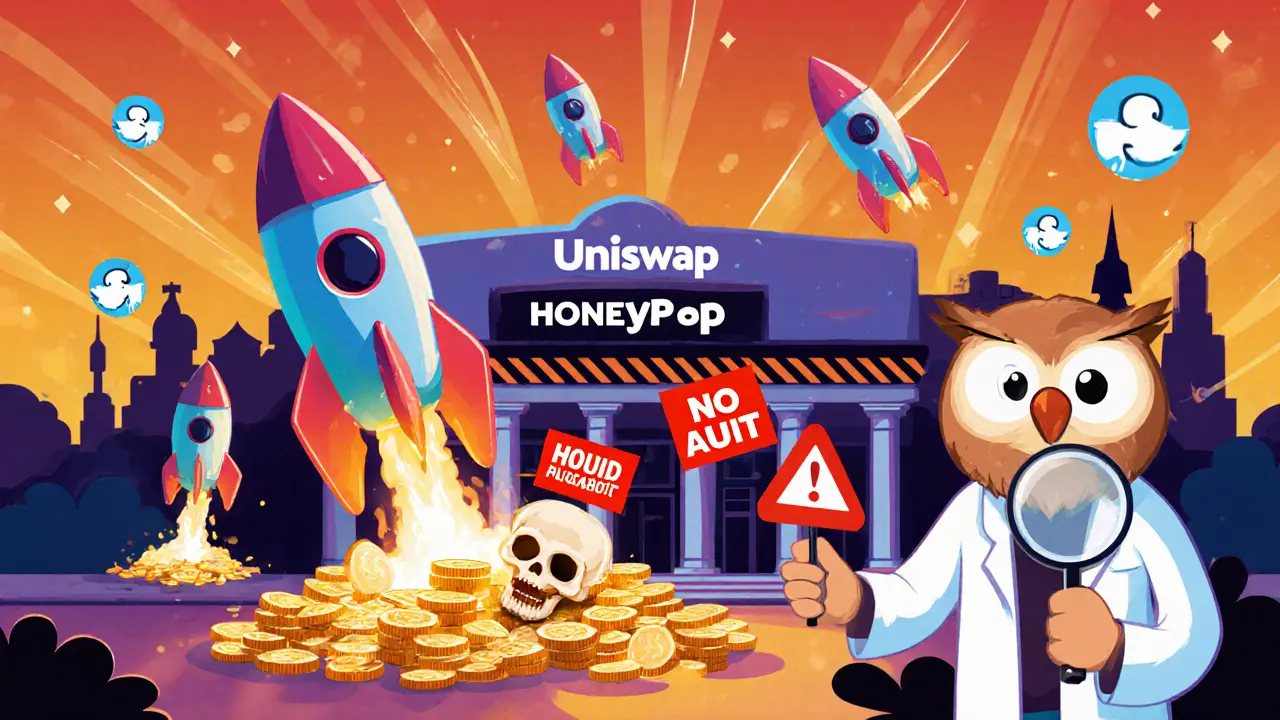 A cartoon Uniswap exchange with exploding rocket tokens, an owl inspecting a fraudulent smart contract.
