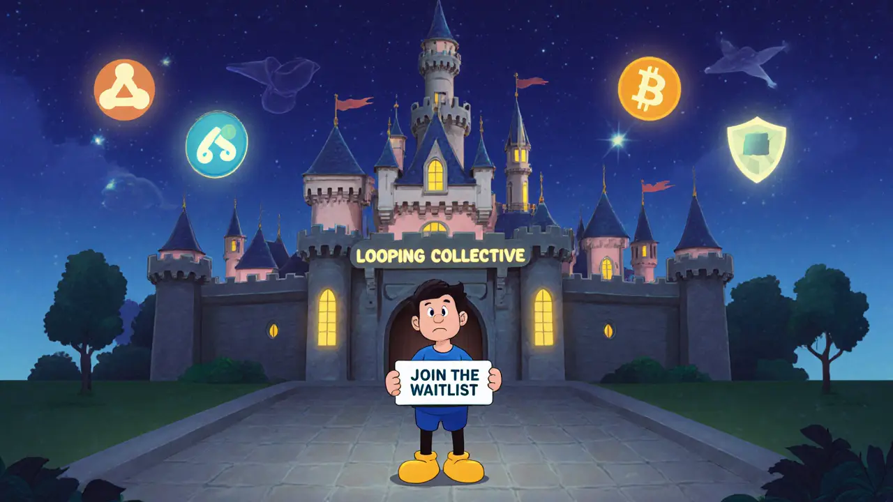 A confused investor stands before an empty Looping Collective castle while other DeFi projects shine nearby.